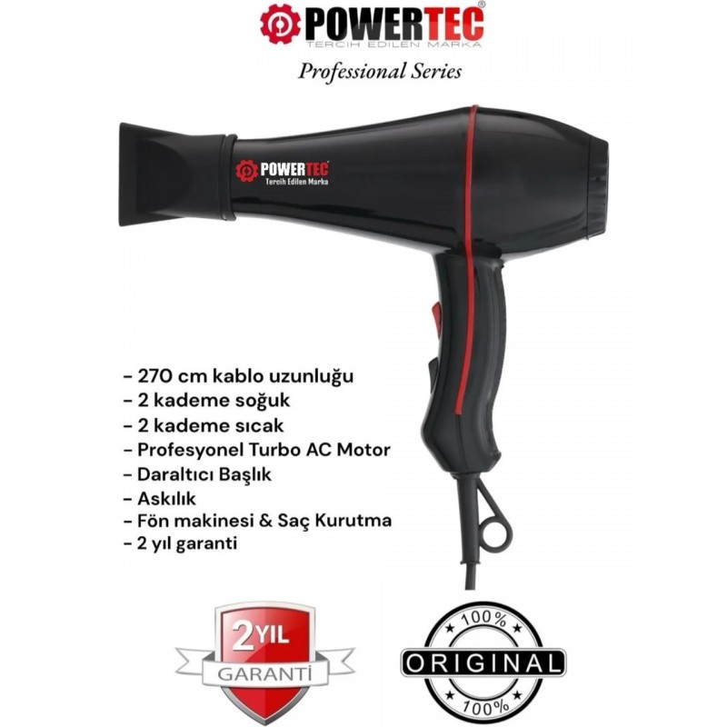 Powertec TR-901 Turbo Professional Series Fön Makinesi  Saç Kurutma 2500w Performans