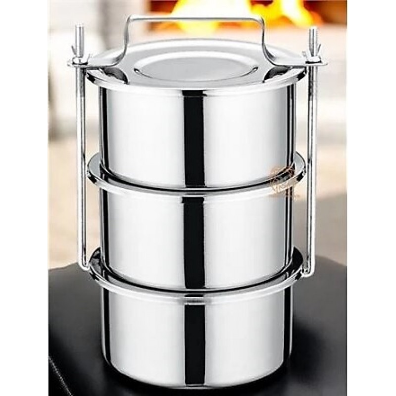 Paslanmaz Çelik Sefer Tası - 24x14 cm 3 Katlı, Kapaklı, Tutmalı