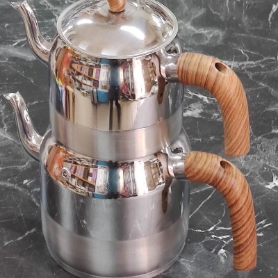 çelik aile boy çaydanlık ahşap görünüm saplı