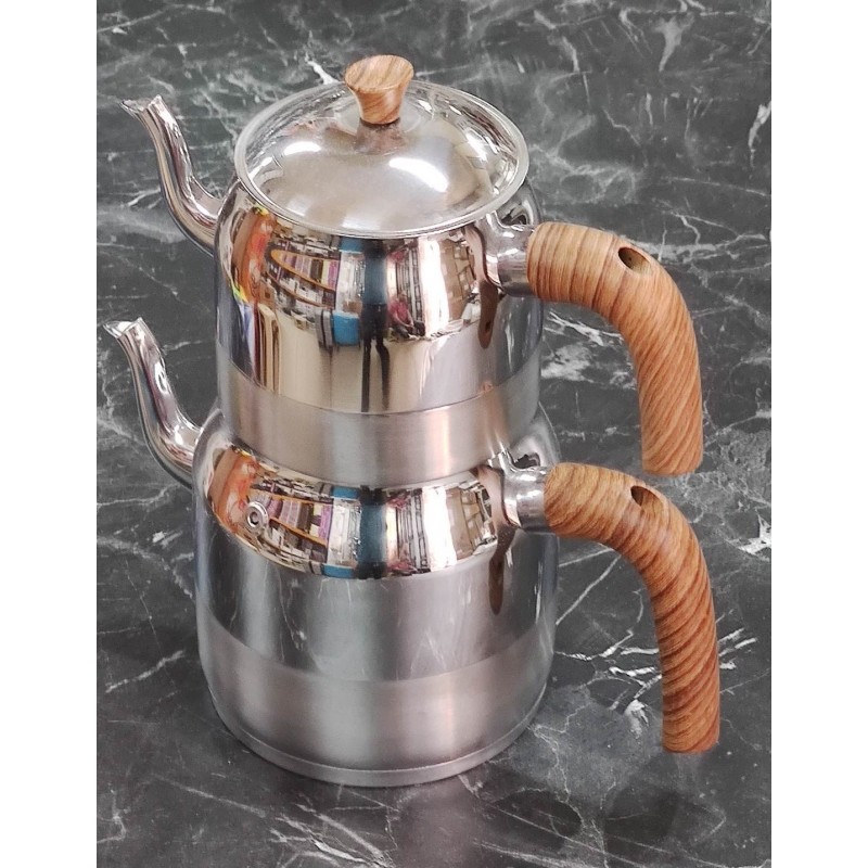 çelik aile boy çaydanlık ahşap görünüm saplı çelik aile boy çaydanlık ahşap görünüm saplı