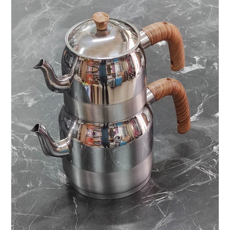 çelik aile boy çaydanlık ahşap görünüm saplı çelik aile boy çaydanlık ahşap görünüm saplı