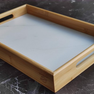 Bambu Beyaz Mermer Desenli Tepsi 23x35 cm