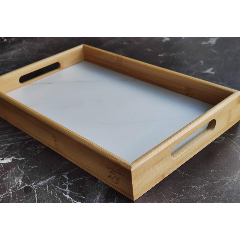 Bambu Beyaz Mermer Desenli Tepsi 28x40 cm