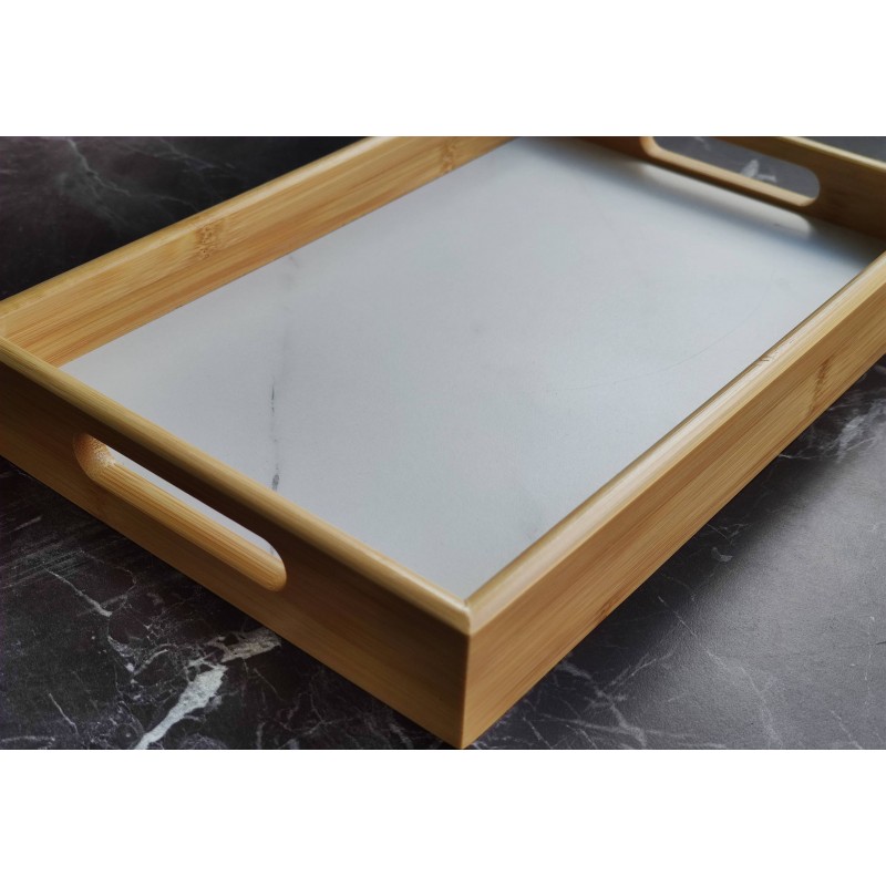 Bambu Beyaz Mermer Desenli Tepsi 28x40 cm