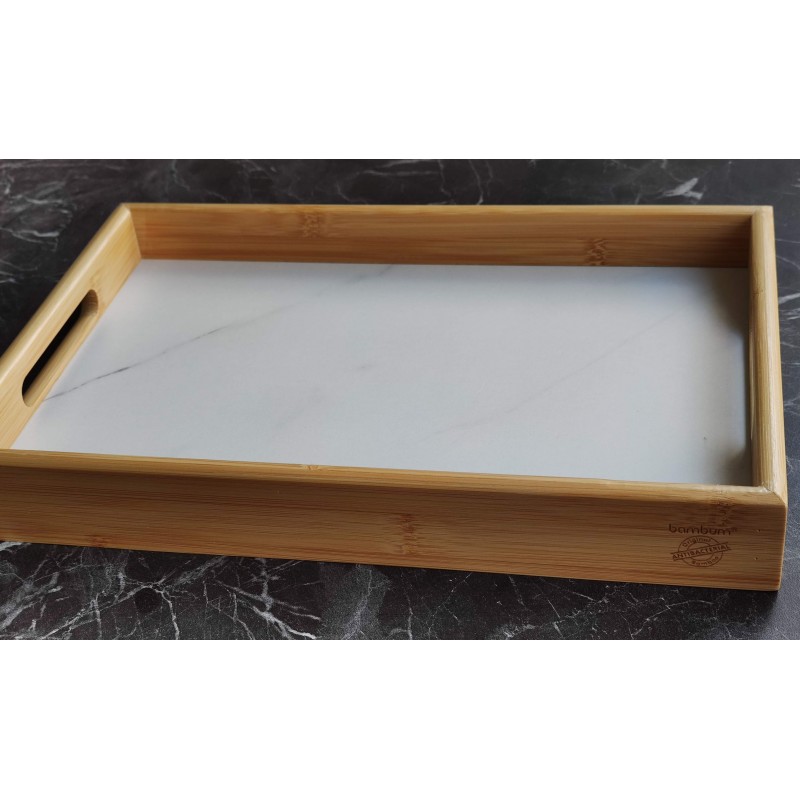 Bambu Beyaz Mermer Desenli Tepsi 28x40 cm