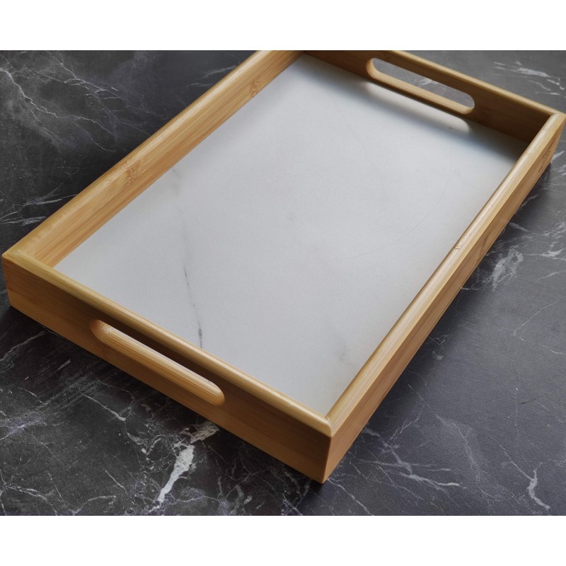 Bambu Beyaz Mermer Desenli Tepsi 28x40 cm