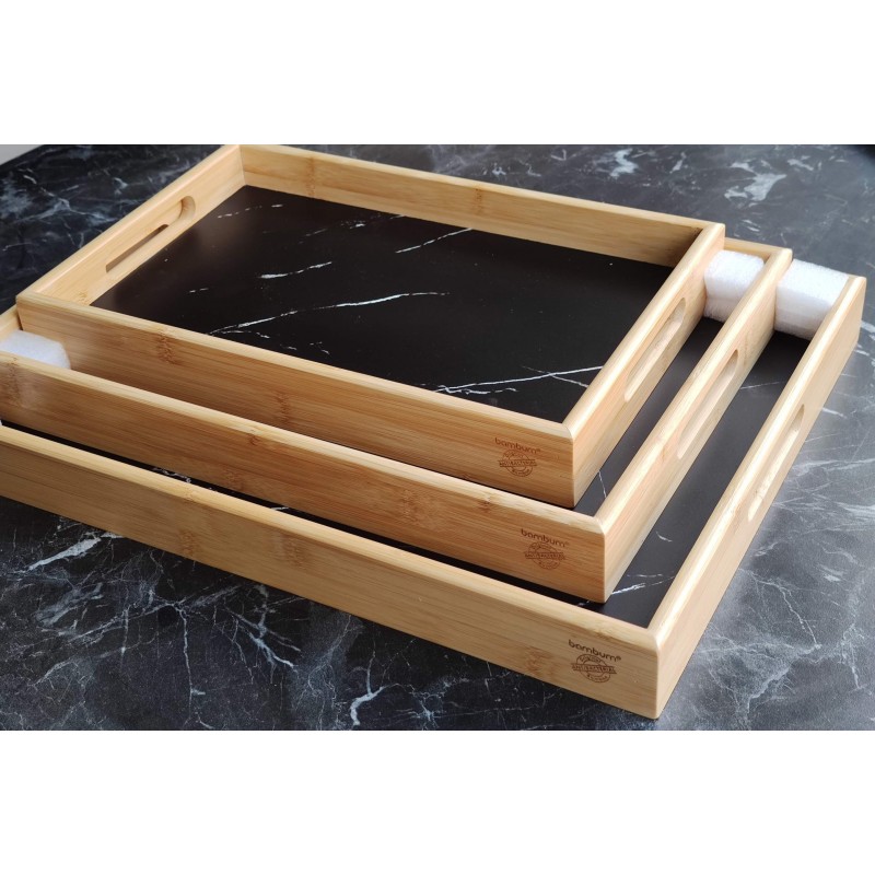 Bambu siyah Mermer Desenli Tepsi Seti Üç Parçalı  Şıklık ve Doğallığın Buluşması