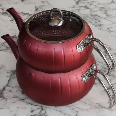 Granit çaydanlık takımı kırmızı maxi boy çizgili