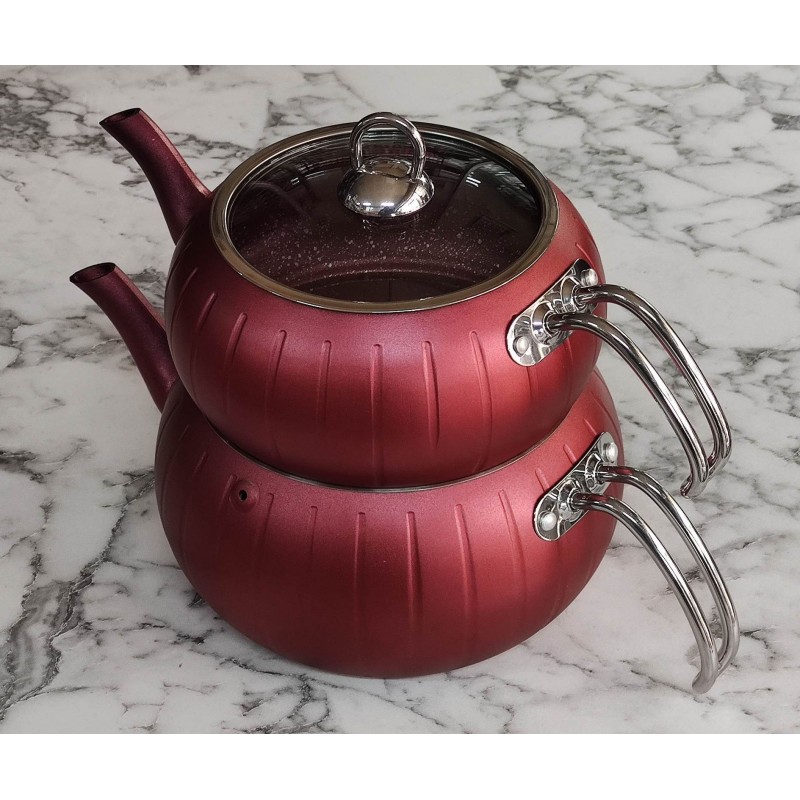 Granit çaydanlık takımı kırmızı maxi boy çizgili