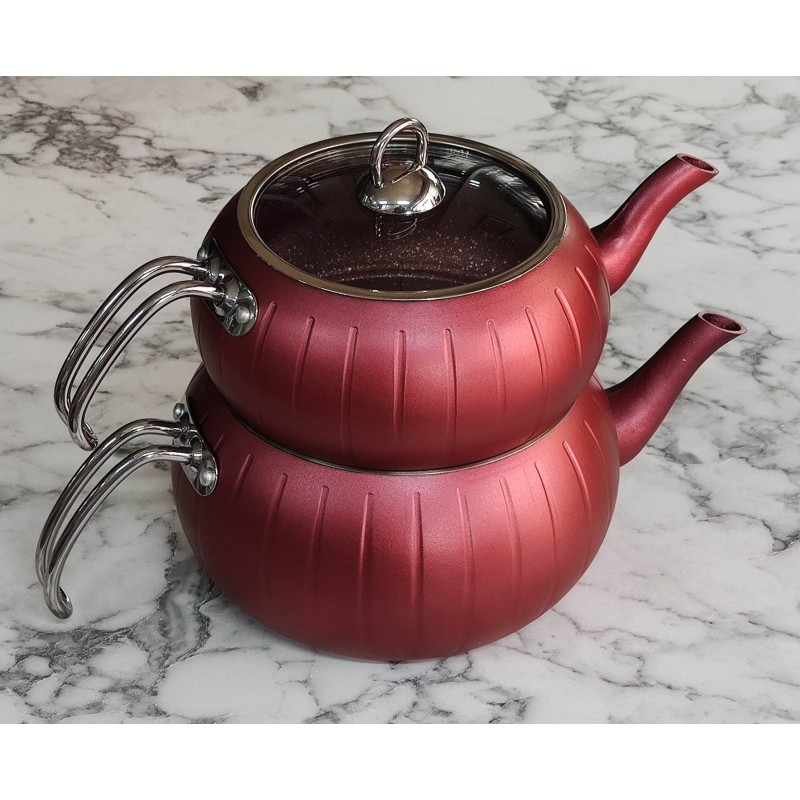 Granit çaydanlık takımı kırmızı maxi boy çizgili